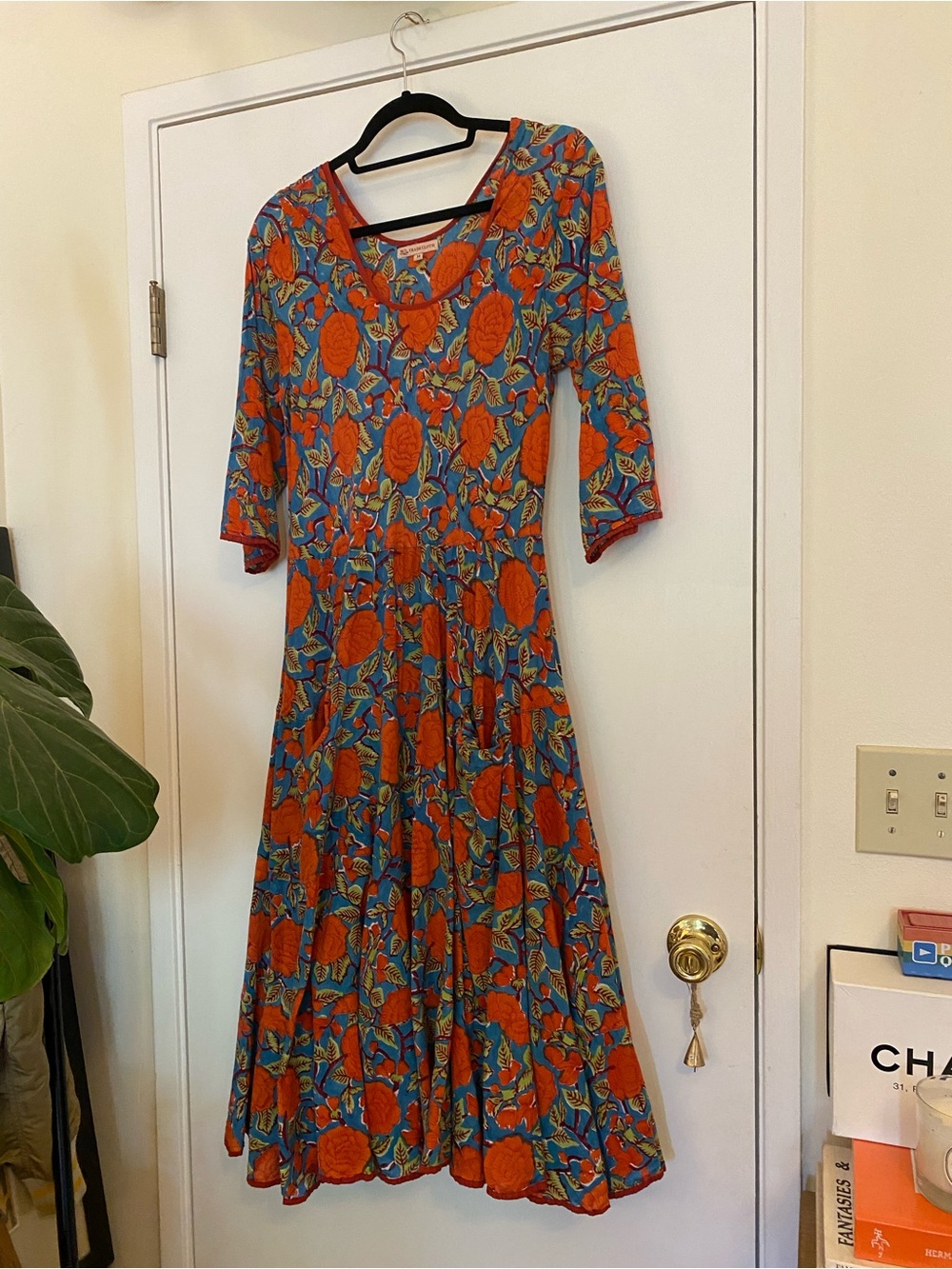 Passamentrie Blue with Orange Floral Print Midi Dress